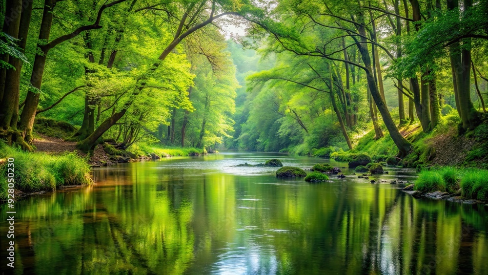 Tranquil river flowing through lush green forest, nature, water, stream, trees, serene, peaceful, environment, landscape Tranquil river flowing through lush green forest, nature, water, stream, trees, serene, peaceful, environment, landscape