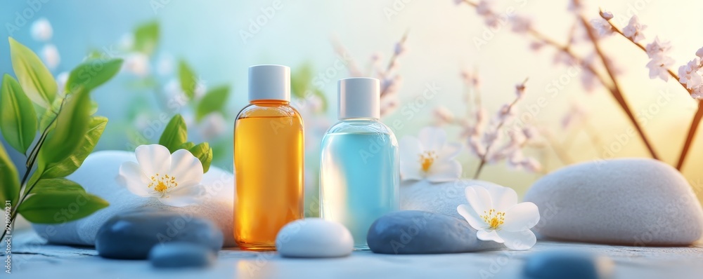 Spa bottles and stones on a white background. Spa bottles and stones on a white background.