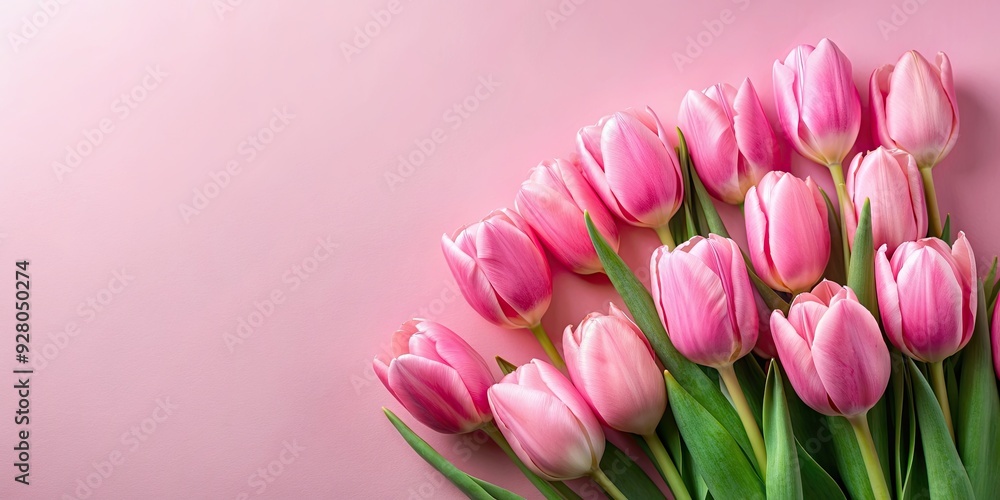Obraz premium Pink blossom tulips flowers on a soft pink background, pink, blossom, tulips, flowers, soft, background, pastel, garden