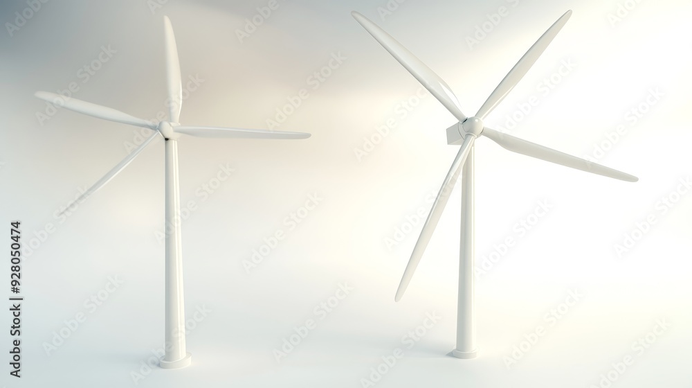 Two white wind turbines stand against a white background. The blades are angled upwards, creating a sense of energy and movement. Two white wind turbines stand against a white background. The blades are angled upwards, creating a sense of energy and movement.