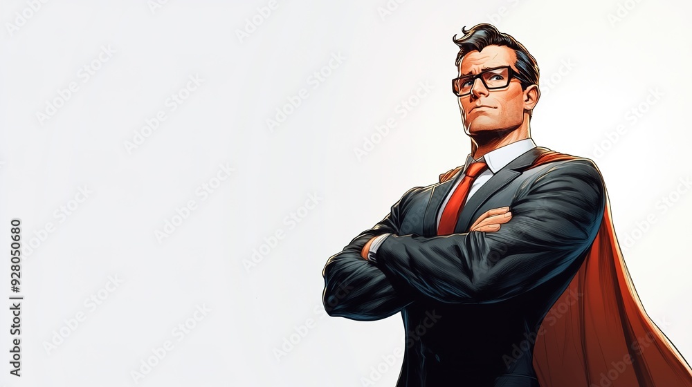 Confident Superhero in a Cloak and Glasses, Standing with Arms Crossed: A Superhero Character Similar to Superman, Dressed in a Suit that Hints at His Superhero Identity Beneath. Confident Superhero in a Cloak and Glasses, Standing with Arms Crossed: A Superhero Character Similar to Superman, Dressed in a Suit that Hints at His Superhero Identity Beneath.