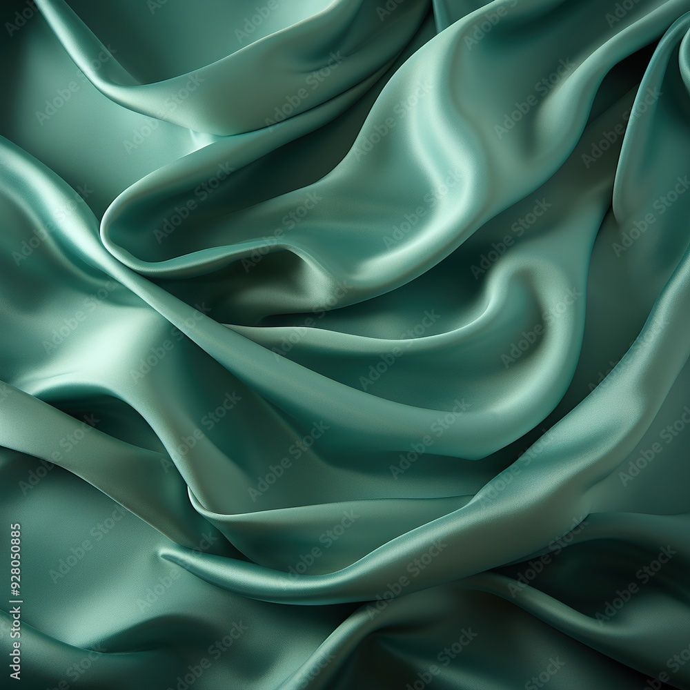 Close-up of a smooth, flowing teal satin fabric. Close-up of a smooth, flowing teal satin fabric.