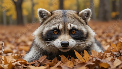 Curious raccoon surrounded by vibrant autumn leaves in a forest setting