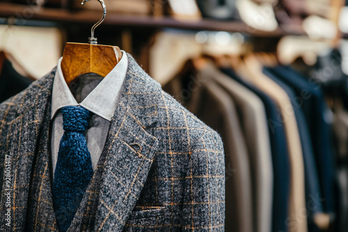 A man's suit is hanging on a rack in a store