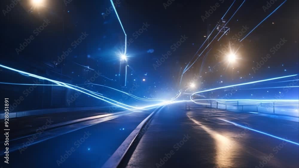 Animation with blue glowing streaks and lens flares, Render vivid, moving blue light streaks on a dark background Animation with blue glowing streaks and lens flares, Render vivid, moving blue light streaks on a dark background