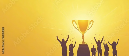 Business professionals celebrating a major milestone with enthusiasm as they hold up a golden trophy, perfect for illustrating concepts of success, teamwork, and corporate excellence.