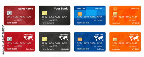 Colorful collection of debit cards isolated on white background. Debit card collection. Credit cards set on white background