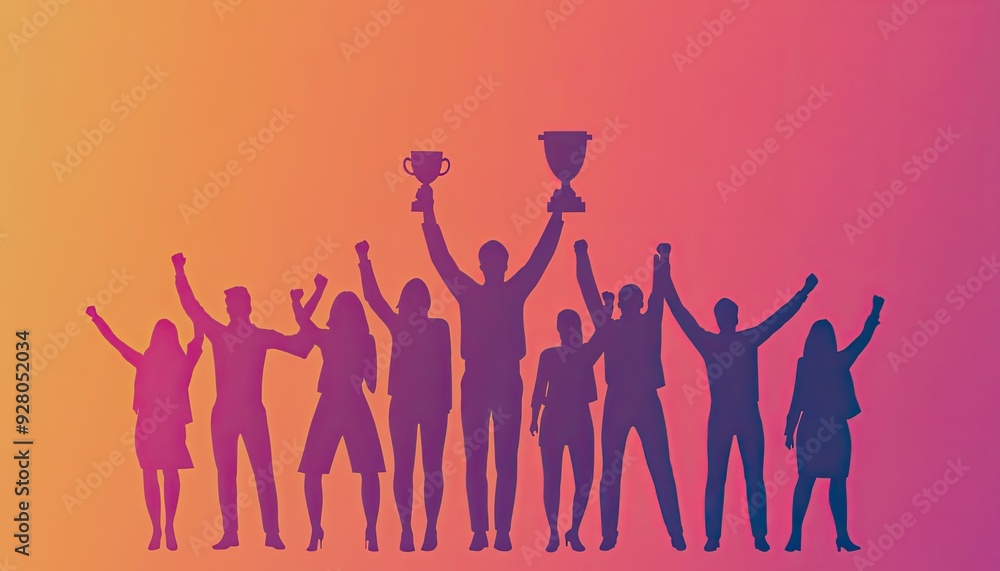 Business professionals celebrating a major milestone with enthusiasm as they hold up a golden trophy, perfect for illustrating concepts of success, teamwork, and corporate excellence. Business professionals celebrating a major milestone with enthusiasm as they hold up a golden trophy, perfect for illustrating concepts of success, teamwork, and corporate excellence.