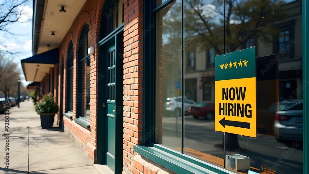 Naklejka premium Now hiring sign in front of business commercial work area searching for job opportunities career board