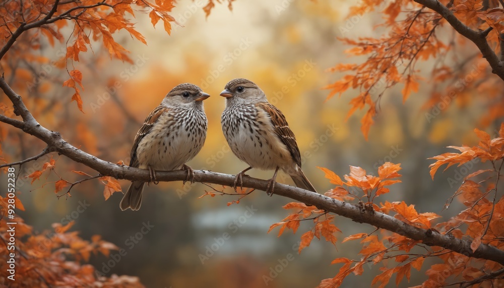 Two sparrows perched gracefully among vibrant autumn leaves in a tranquil forest setting Two sparrows perched gracefully among vibrant autumn leaves in a tranquil forest setting
