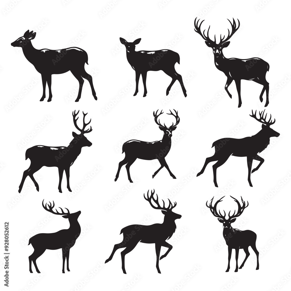 Fototapeta premium set of deer silhouettes on white