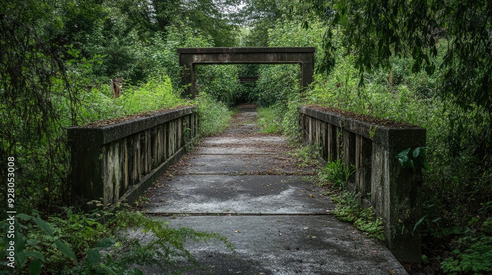 Abandoned walkway through an overgrown park, with nature reclaiming the space. Abandoned walkway through an overgrown park, with nature reclaiming the space.