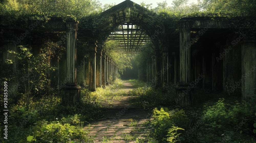 Abandoned walkway through an overgrown park, with nature reclaiming the space. Abandoned walkway through an overgrown park, with nature reclaiming the space.