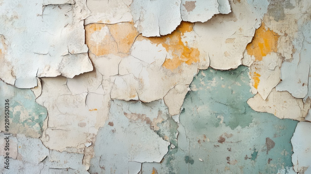Obraz premium Abstract shot of a weathered, peeling wallpaper with faded patterns and textures.