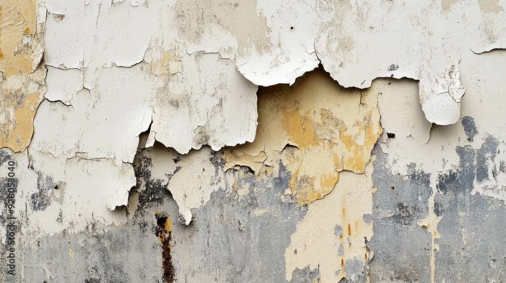 Obraz premium Abstract shot of a weathered, peeling wallpaper with faded patterns and textures.