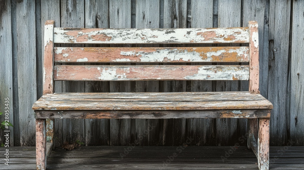Aged wooden bench with peeling paint and weathered wood, ideal for a rustic and outdoor backdrop. Aged wooden bench with peeling paint and weathered wood, ideal for a rustic and outdoor backdrop.