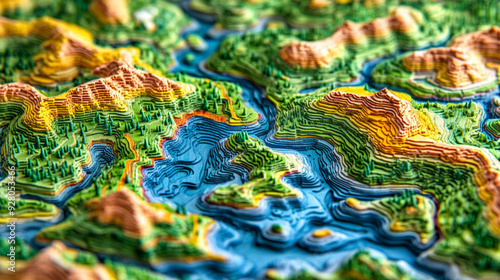 GIS geodata mapping concept showcasing detailed layers of geographic information. The vibrant map highlights intricate topographical features, suitable for spatial analysis and geospatial projects photo