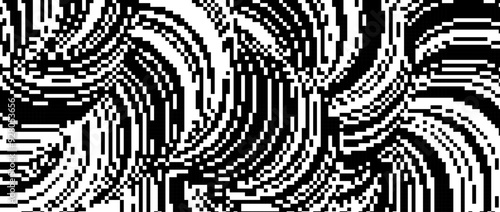 Pixelated undulate wavy shape. Black dither wreathed textured background. Digitalized fluid curvy form for banner, poster, leaflet, brochure. Abstract rasterized squiggle overlay wallpaper. Vector