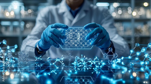 Manufacturing Industrial Chemical Engineer Gloved hands of a chemical engineer analyzing a compound s structure on a holographic screen photo