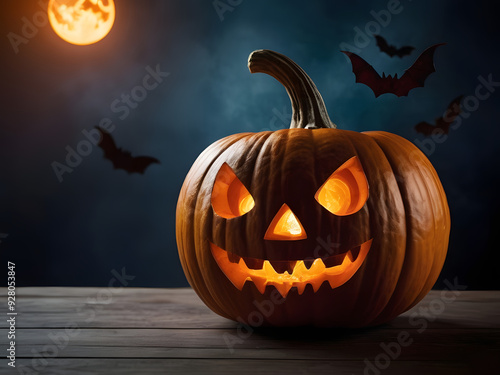 scary halloween pumpkin on a dark background with golden moon and bats wallpaper design concept  photo