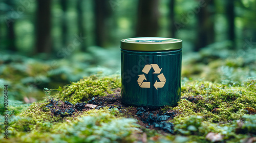 glass jar featuring the universal recycling symbol, symbolizing sustainability and environmental consciousness. The image emphasizes the importance of recycling and eco-friendly practices in preservin photo