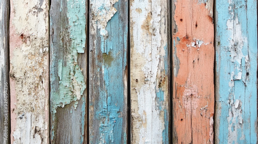 Close-up of a decaying wooden fence with layers of peeling paint and weathered wood. Close-up of a decaying wooden fence with layers of peeling paint and weathered wood.