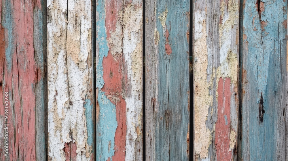 Close-up of a decaying wooden fence with layers of peeling paint and weathered wood. Close-up of a decaying wooden fence with layers of peeling paint and weathered wood.