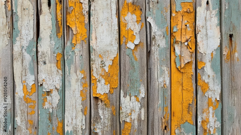 Close-up of a decaying wooden fence with layers of peeling paint and weathered wood. Close-up of a decaying wooden fence with layers of peeling paint and weathered wood.