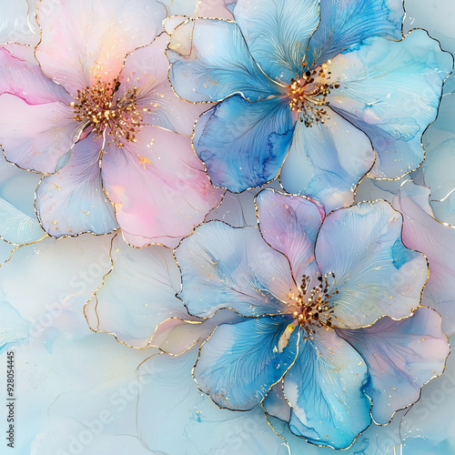 Beautiful alcohol ink flowers, in pastel blue and pink with gold details, on a high-resolution, hyper-realistic background