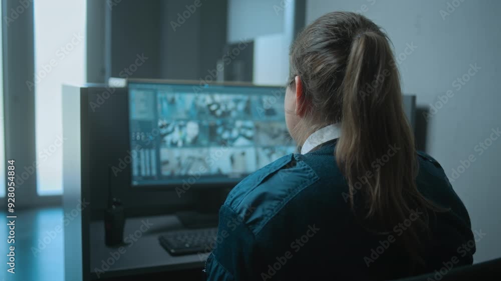 Back view of Caucasian female security worker or guard sitting at the workplace in the office, working on computer with displayed surveillance video footage from CCTV cameras. Social safety concept. Back view of Caucasian female security worker or guard sitting at the workplace in the office, working on computer with displayed surveillance video footage from CCTV cameras. Social safety concept.