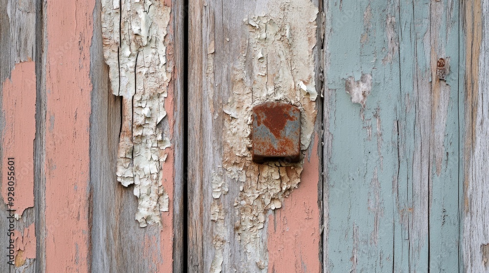 Detailed view of a peeling wooden door with chipping paint and exposed surface underneath. Detailed view of a peeling wooden door with chipping paint and exposed surface underneath.
