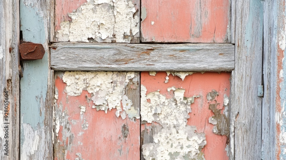 Detailed view of a peeling wooden door with chipping paint and exposed surface underneath. Detailed view of a peeling wooden door with chipping paint and exposed surface underneath.