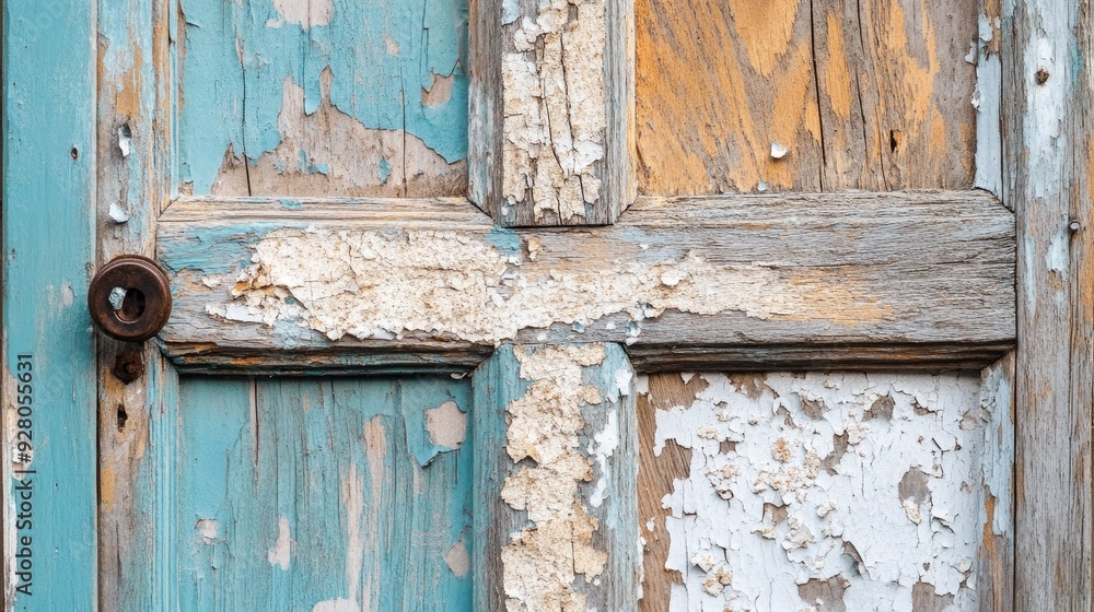 Detailed view of a peeling wooden door with chipping paint and exposed surface underneath. Detailed view of a peeling wooden door with chipping paint and exposed surface underneath.