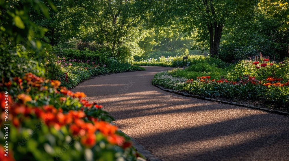 Obraz premium Empty, curved walkway through a peaceful arboretum, surrounded by trees and flowers.