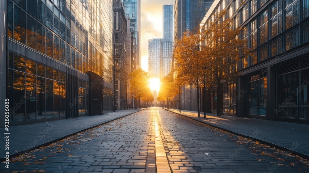 Empty path through a cityscape, with tall buildings and no pedestrians. Empty path through a cityscape, with tall buildings and no pedestrians.