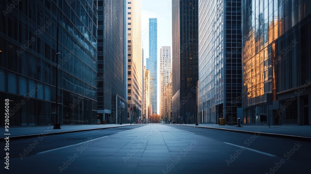 Empty path through a cityscape, with tall buildings and no pedestrians.