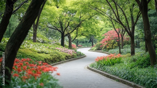 Empty, curved walkway through a peaceful arboretum, surrounded by trees and flowers.