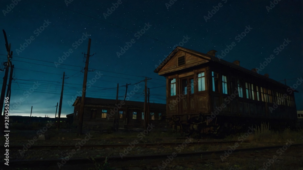 Abandoned train station under a starry night sky in a rural setting Abandoned train station under a starry night sky in a rural setting