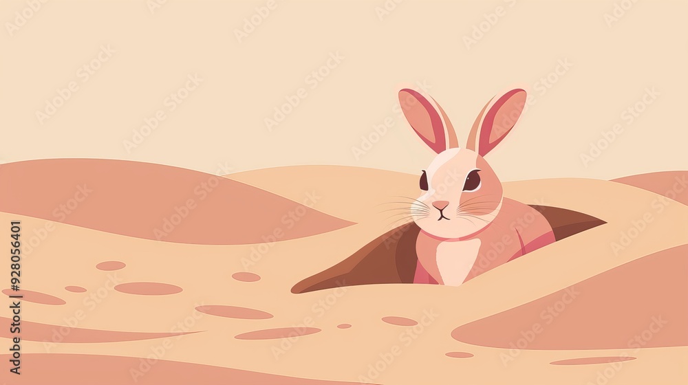Fototapeta premium Rabbit in a burrow, minimal detail, clean lines, 2D vector illustration, soft gradients, plain design