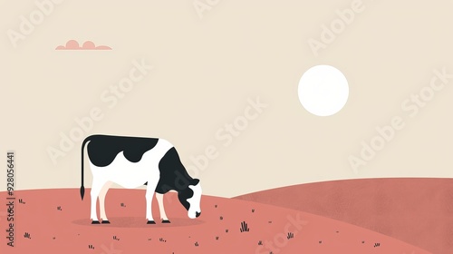 A lone cow grazing in a field, flat design, basic shapes, 2D vector art, light pastel colors photo