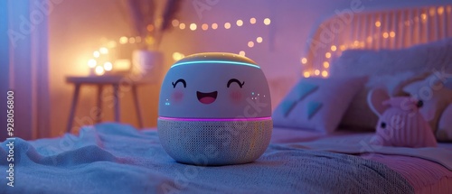 cute voice-controlled assistant device with a cheerful face photo