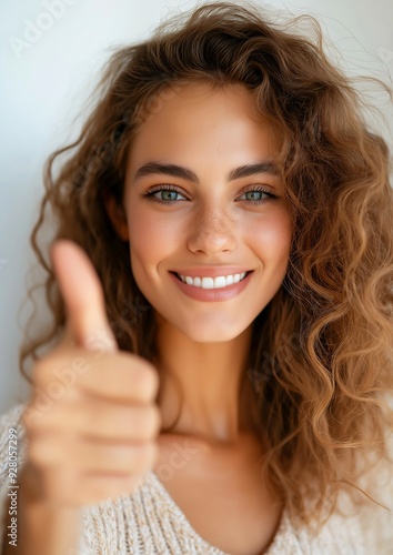 closeup woman giving thumbs sign face body skin portrait happy disarmed perfect natural tones hair texture smile self confidence photo