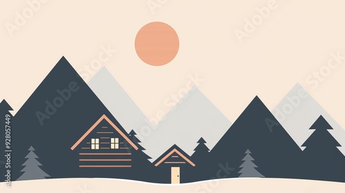 A log cabin in a mountain setting, minimalist style, uncomplicated shapes, 2D vector, muted color palette photo