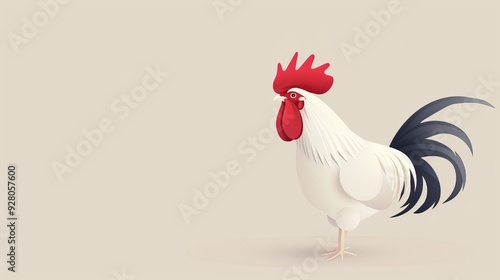 A rooster against a simple background, minimalistic style, clear and simple design, 2D vector illustration, muted colors photo