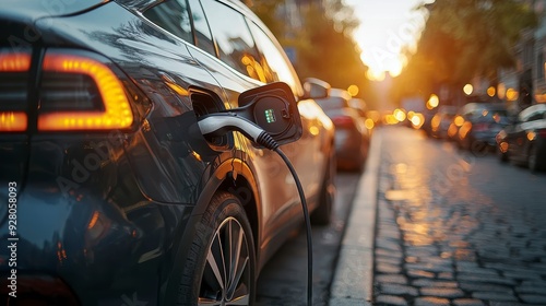 The electric car is charging at an open station in the city