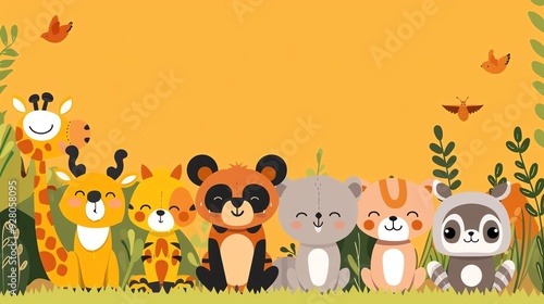 A group of cartoon animals, including a giraffe, deer, tiger, cat, and raccoon,  are smiling and sitting in a field. photo