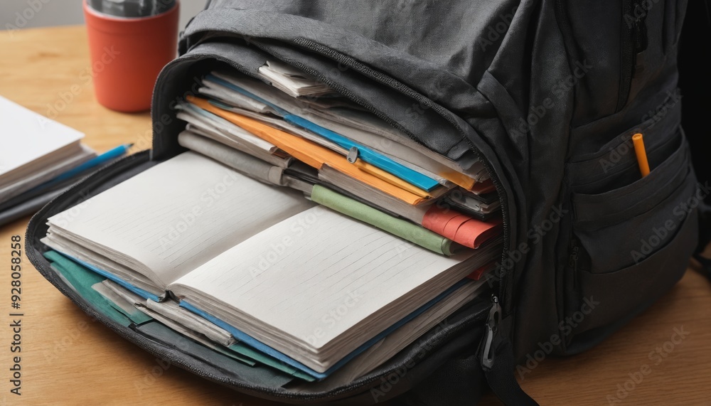 A busy student's backpack overflowing with notebooks and stationery at a cozy study space