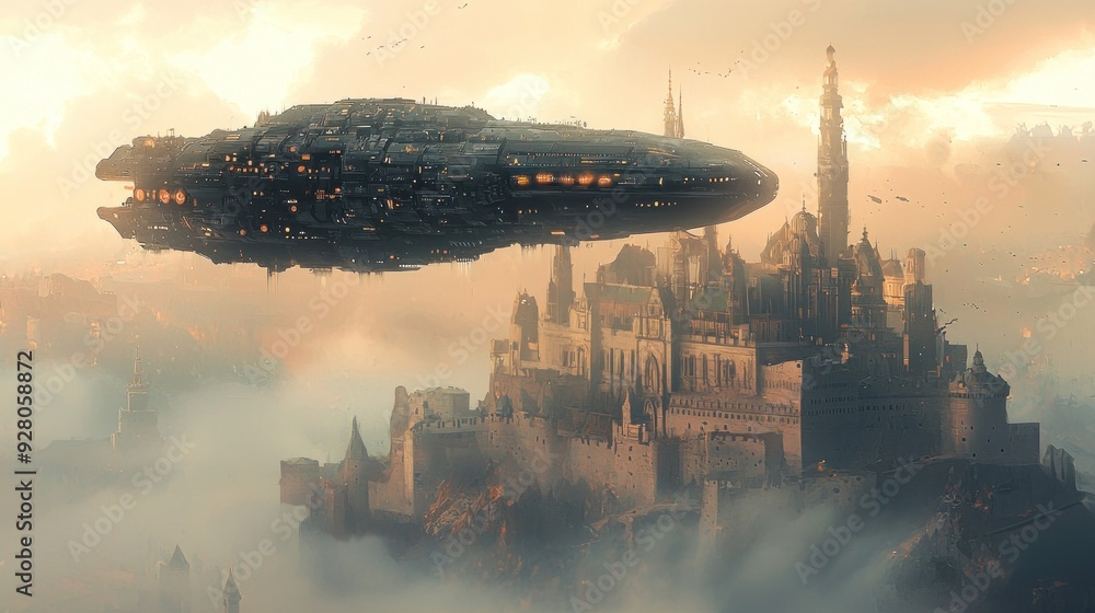 A high-tech spacecraft hovering above an ancient castle representing the integration of future technology with historical landmarks. The sky transitions from warm hues at the bottom to a cool A high-tech spacecraft hovering above an ancient castle representing the integration of future technology with historical landmarks. The sky transitions from warm hues at the bottom to a cool