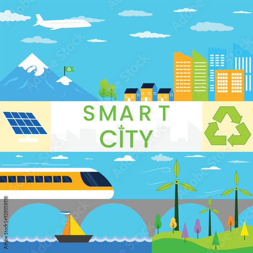Illustration of a mosaic pattern of eco-friendly smart city symbols with abstract shapes layout. square size bauhaus pattern background with eco friendly energy concept