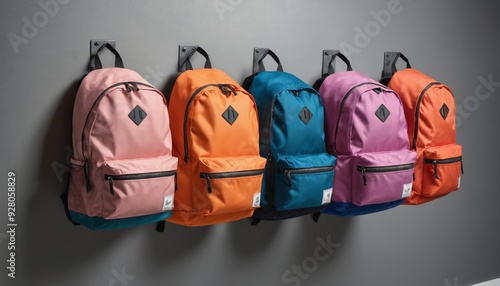 Five colorful backpacks hanging neatly on a wall in a contemporary space photo